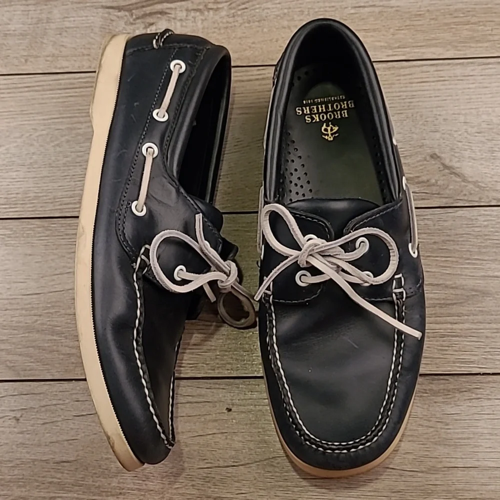 BROOKS BROTHERS Dark Navy Blue Leather‎ Rubber Sz 10 D Mens Casual Boat Shoes